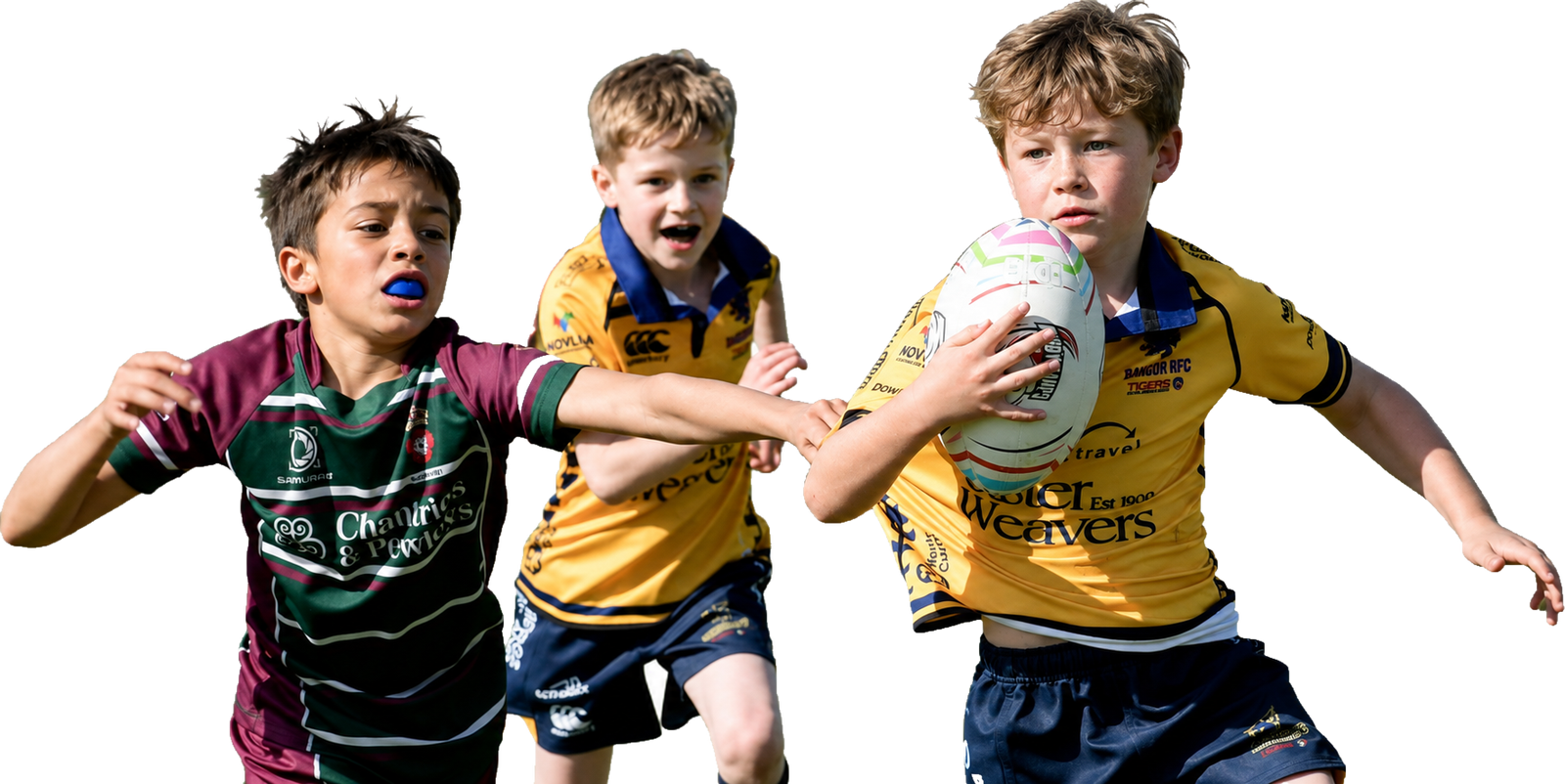 Three young rugby players running with the ball, one in Bangor's yellow and navy